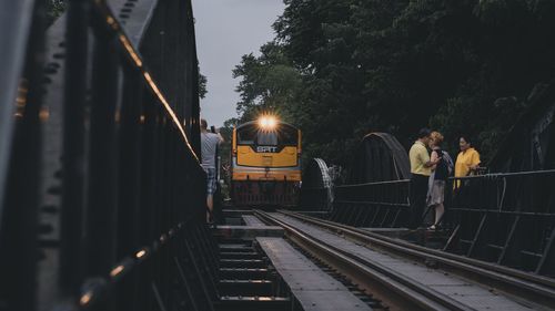 Train on railroad tracks against tree