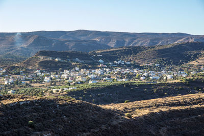 High angle view of buildings against sky