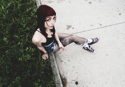 High angle portrait of young woman sitting on retaining wall by plants