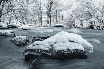 Water flowing in winter river, sweden