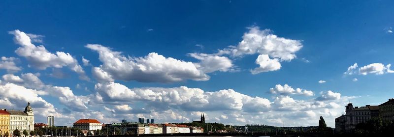 Panoramic view of buildings in town against sky