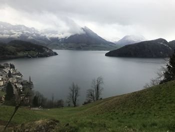 Scenic view of lake and mountains against sky