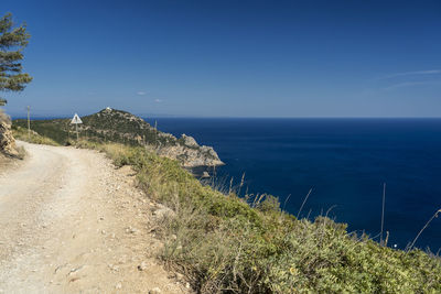 Scenic view of sea against clear blue sky