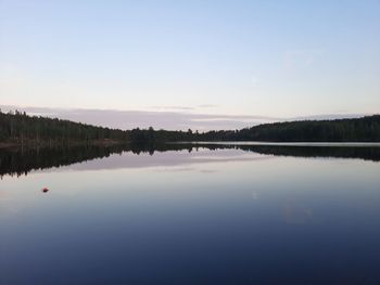 Scenic view of lake against clear sky during sunset