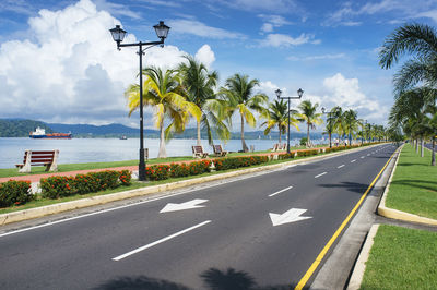 Road by palm trees against sky