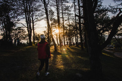 Rear view of woman walking on street amidst trees during sunset