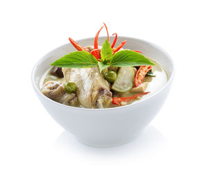 Close-up of vegetables in bowl against white background