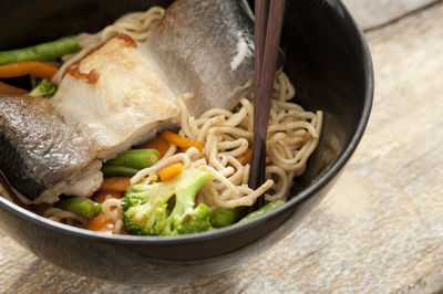 High angle view of food in bowl on table