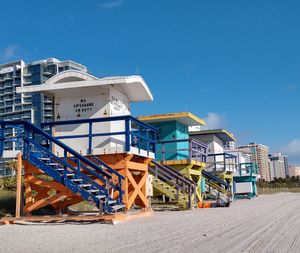 Low angle view of buildings against clear blue sky