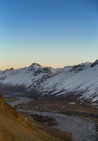 Scenic view of snowcapped mountains against clear sky