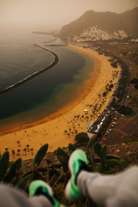 High angle view of crowd on land against the sky