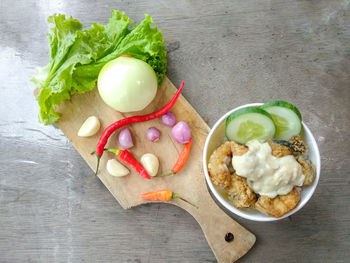 High angle view of breakfast on table