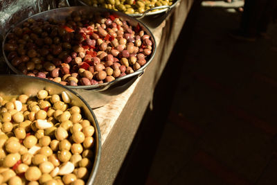 High angle view of olive in container on table