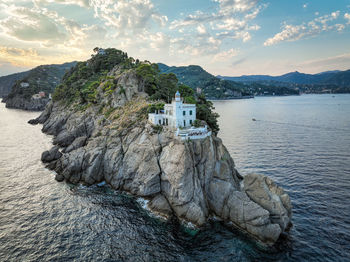 Lighthouse at portofino from drone