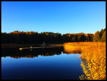 Scenic view of calm lake against clear sky