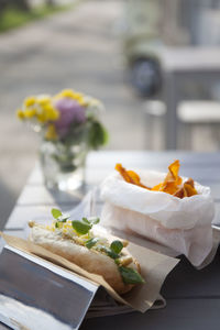 High angle view of hot dog on table