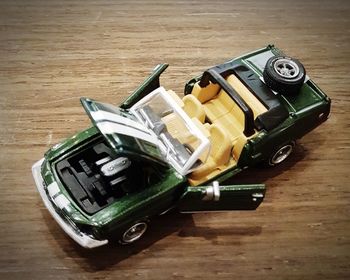 High angle view of toy car on table