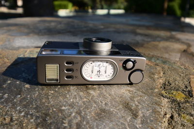 Close-up of camera on table