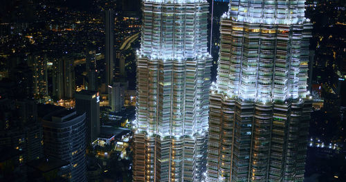 Aerial view of illuminated buildings at night