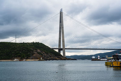 Suspension bridge over river against cloudy sky