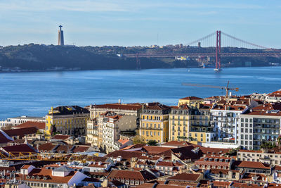 Lisboa tago river 25th april bridge aerial panorama, lisbon, portugal