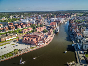 High angle view of buildings in city, aerial view of the old town in gdansk, poland. 