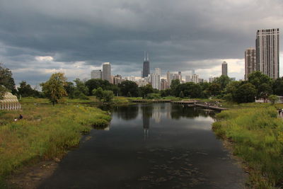 View of city buildings against cloudy sky