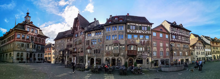  ultra wide panorama of the main street of stein am rhein with painted facade