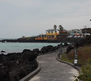 Scenic view of sea against sky in city