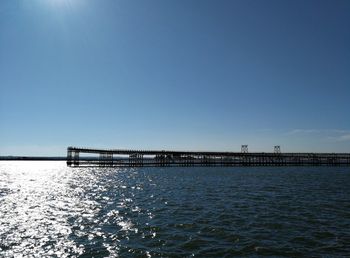 Scenic view of sea against clear blue sky