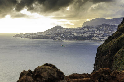 Cityscape by sea against cloudy sky 