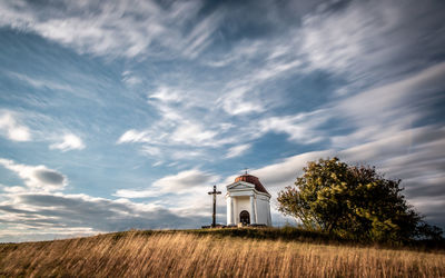 Chapel on field against sky