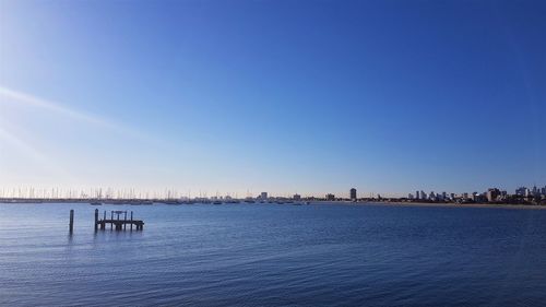 Scenic view of sea against clear blue sky