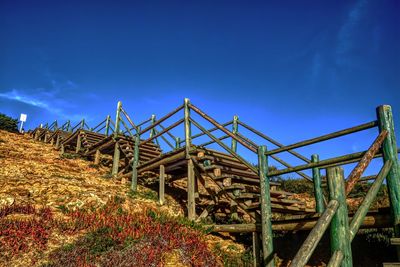 Low angle view of wooden fence on field against blue sky