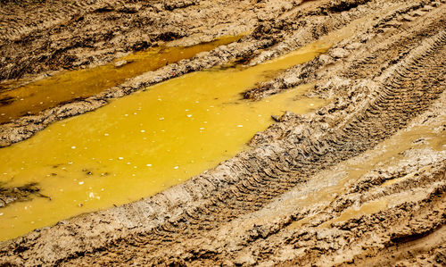 High angle view of yellow water on sand