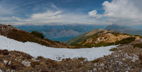 Scenic view of mountains against sky during winter