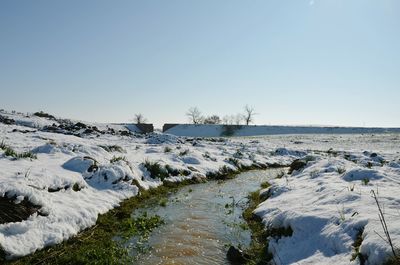 Scenic view of snow covered landscape against clear sky