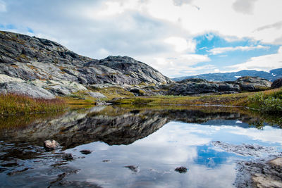 Scenic view of lake and mountains against sky