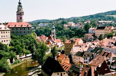 High angle view of town against sky