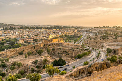 High angle view of cityscape against sky