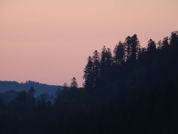 Silhouette trees in forest against sky during sunset