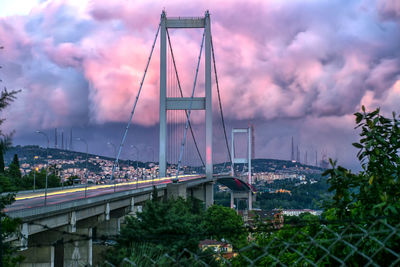 View of bridge in city against cloudy sky