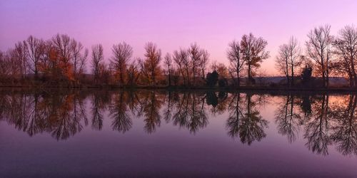 Reflection of silhouette trees in lake against sky during sunset