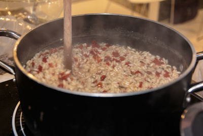 Close-up of meat in cooking pan