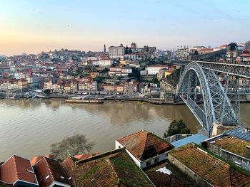 Old town porto view from cable car of vila nova de gaia.historic ribeira riverside along douro river