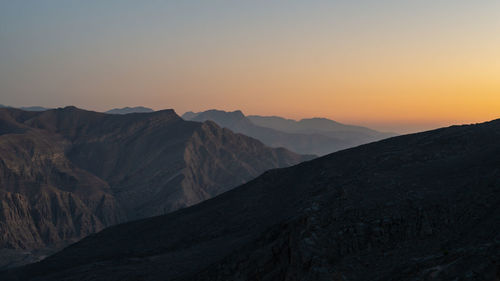 Scenic view of mountains against sky during sunset