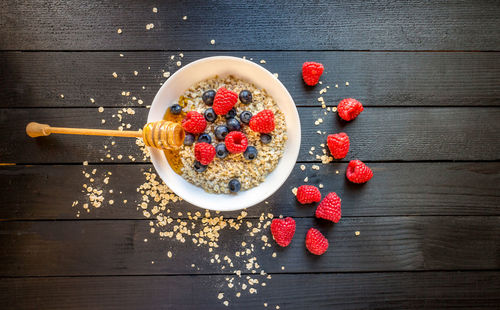 High angle view of breakfast served in bowl on table