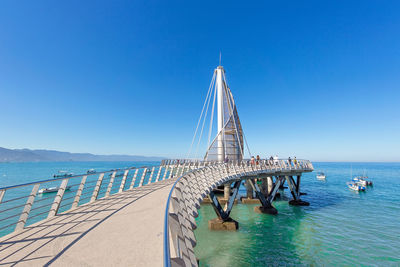 Golden gate bridge over sea against clear blue sky