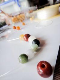 High angle view of fruits in plate on table