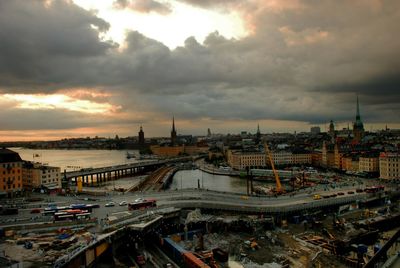 High angle view of city buildings during sunset